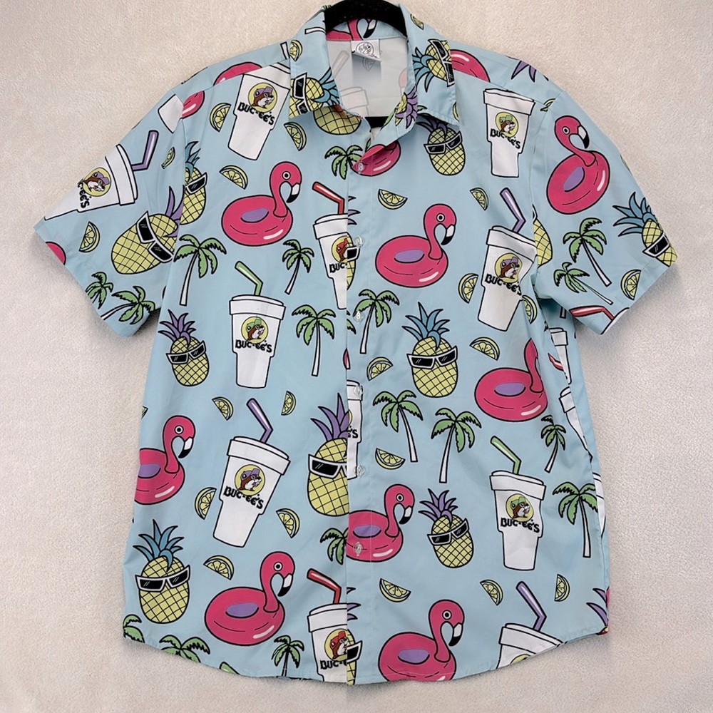 BUCEES Hawaiian Flamingo Pineapple Button Up Shirt Blue Short Sleeve Size Small